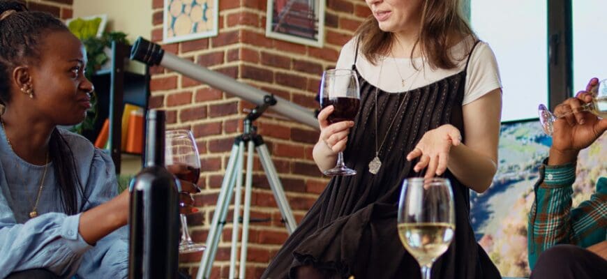 Three friends gathered in an apartment living room with wine glasses